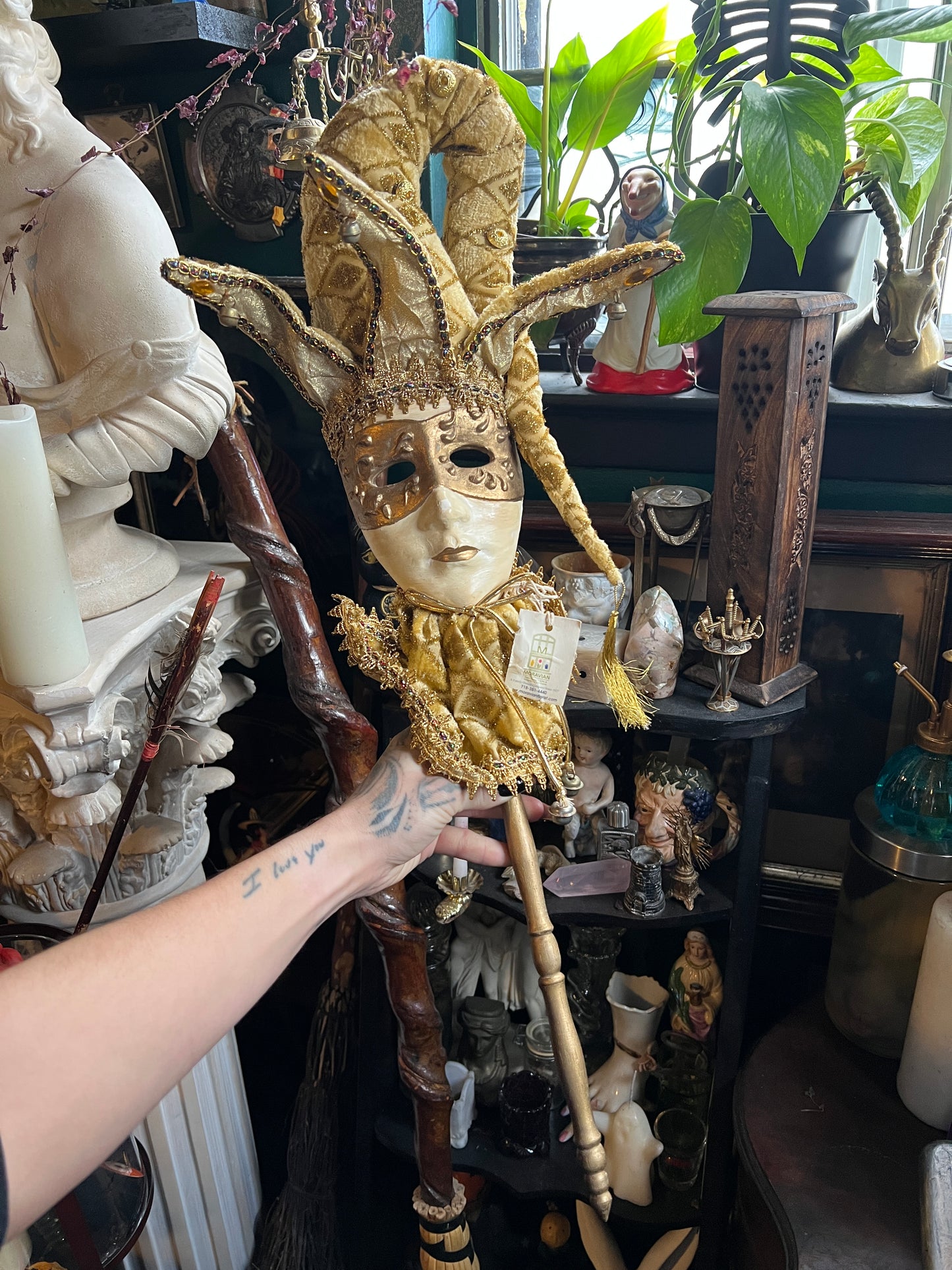 Ornate Gold Venetian Jester Mask Decorative Wand