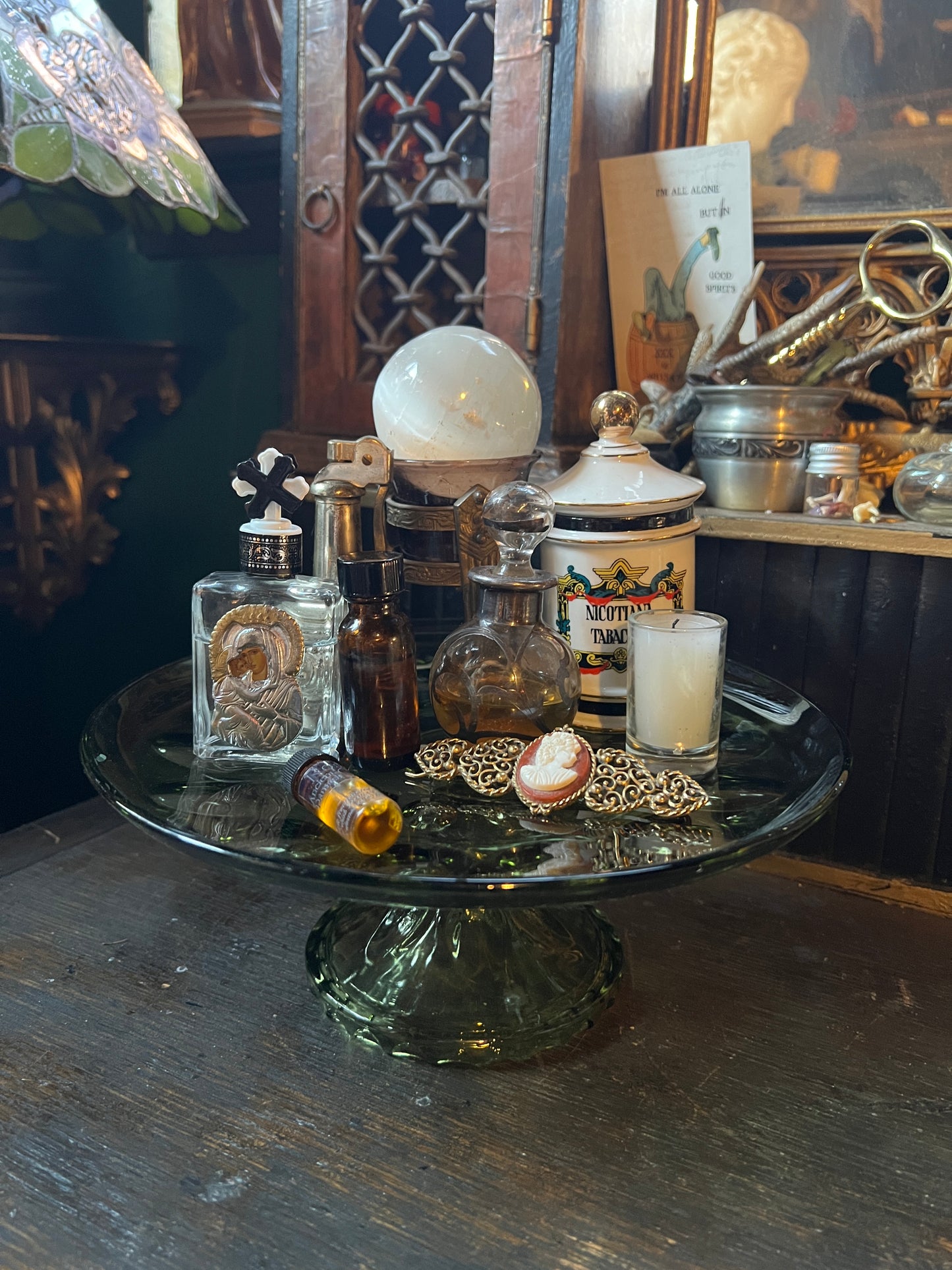 Thumbprint Green Glass Pedestal Dish