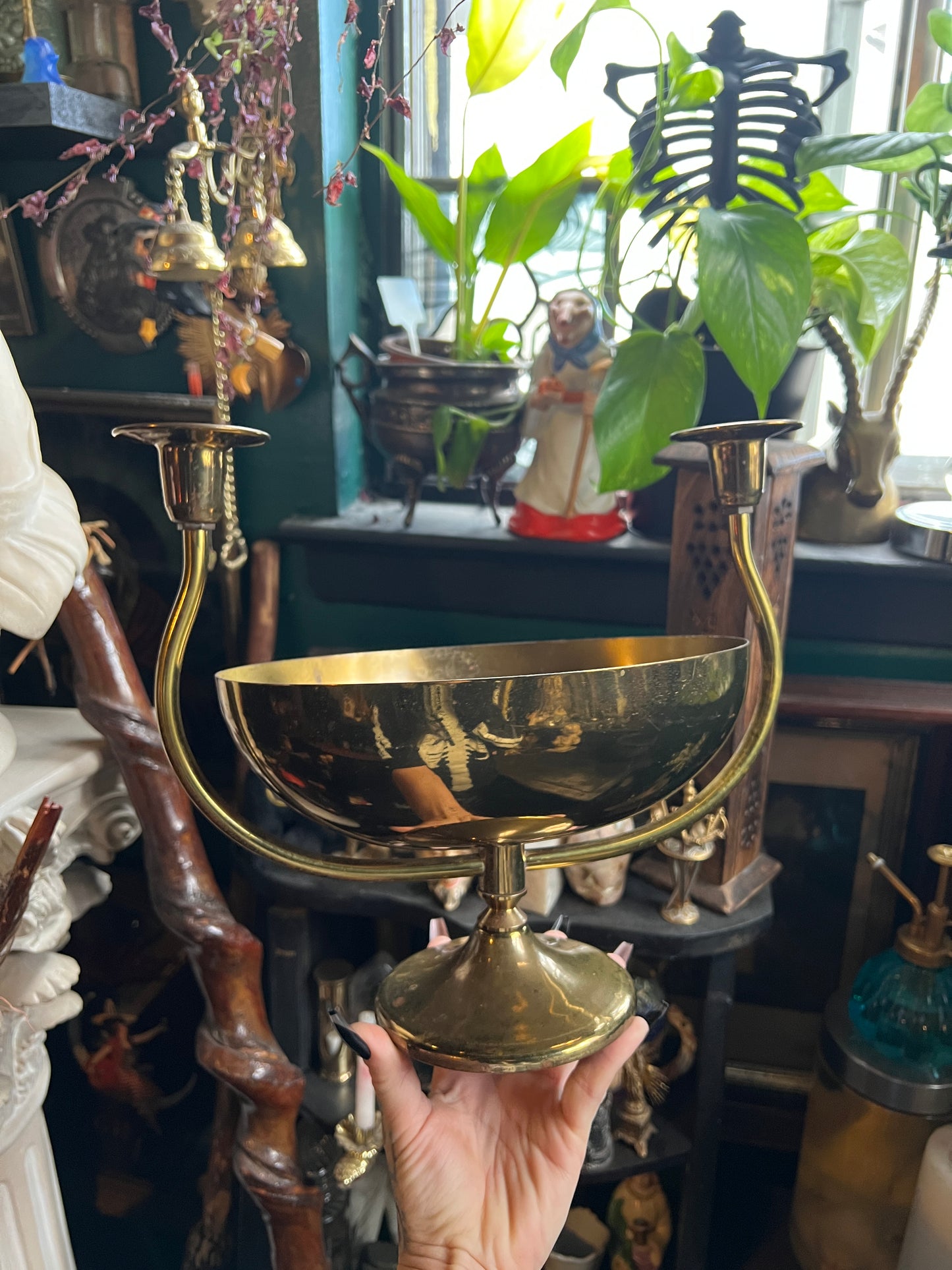 Vintage Brass Centerpiece Bowl with Double Candelabra Arms