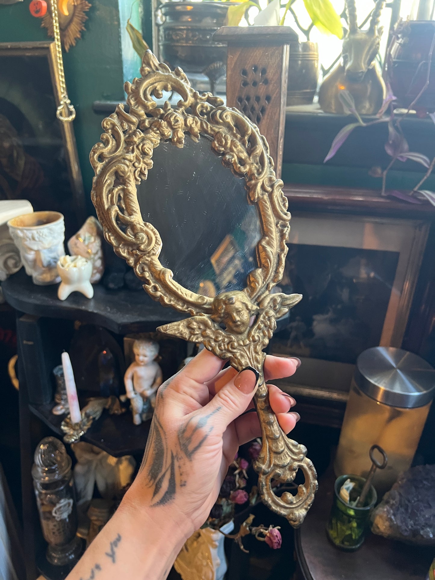 Brass Cherub Hand Mirror