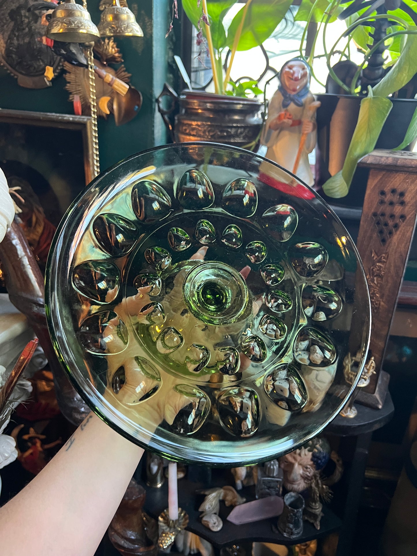 Thumbprint Green Glass Pedestal Dish