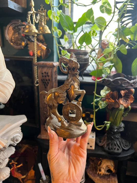 Vintage Solid Brass Chinese Zodiac Ram/Goat Wealth Statue