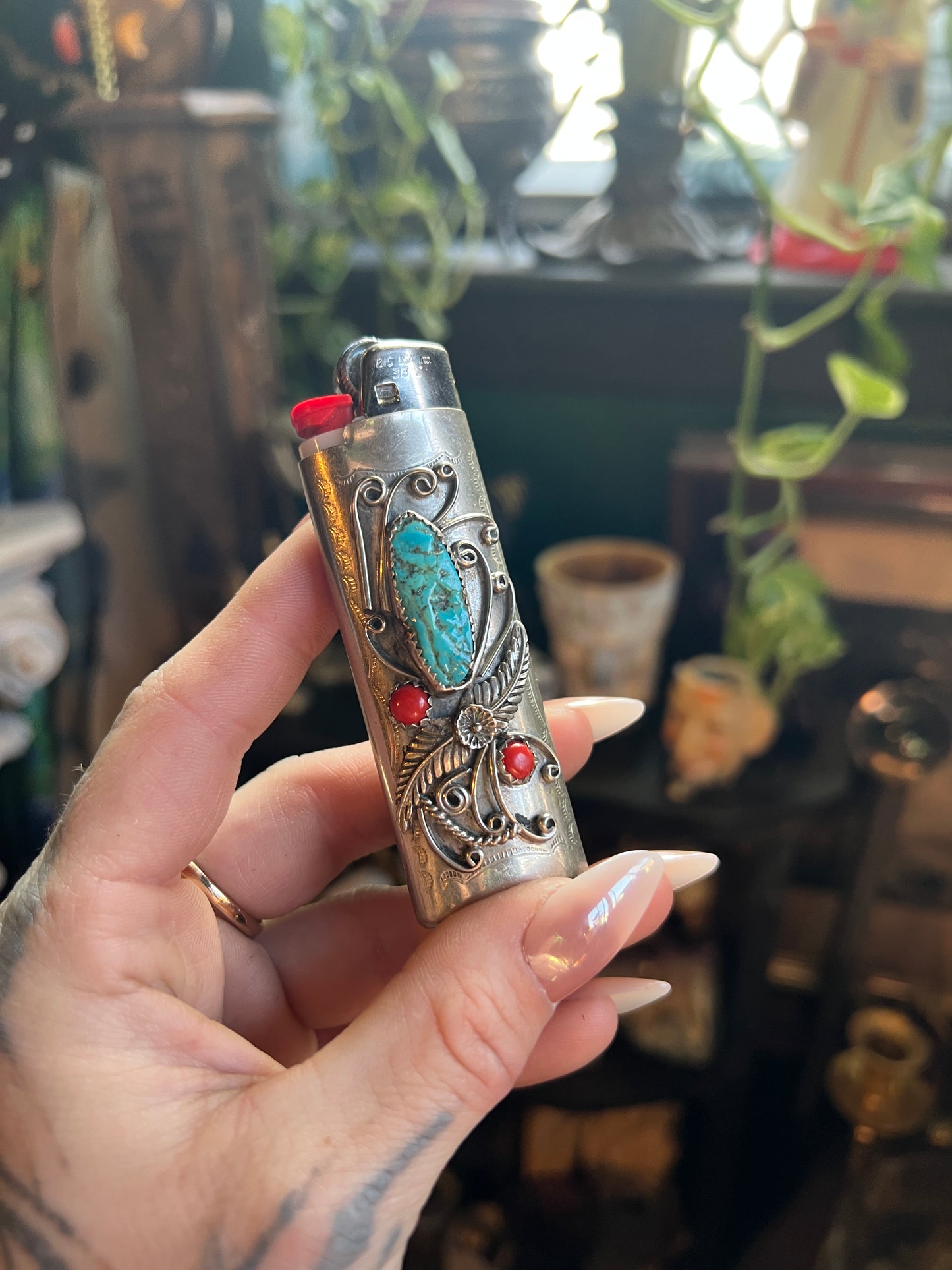 Silver Turquoise & Coral Lighter Cover