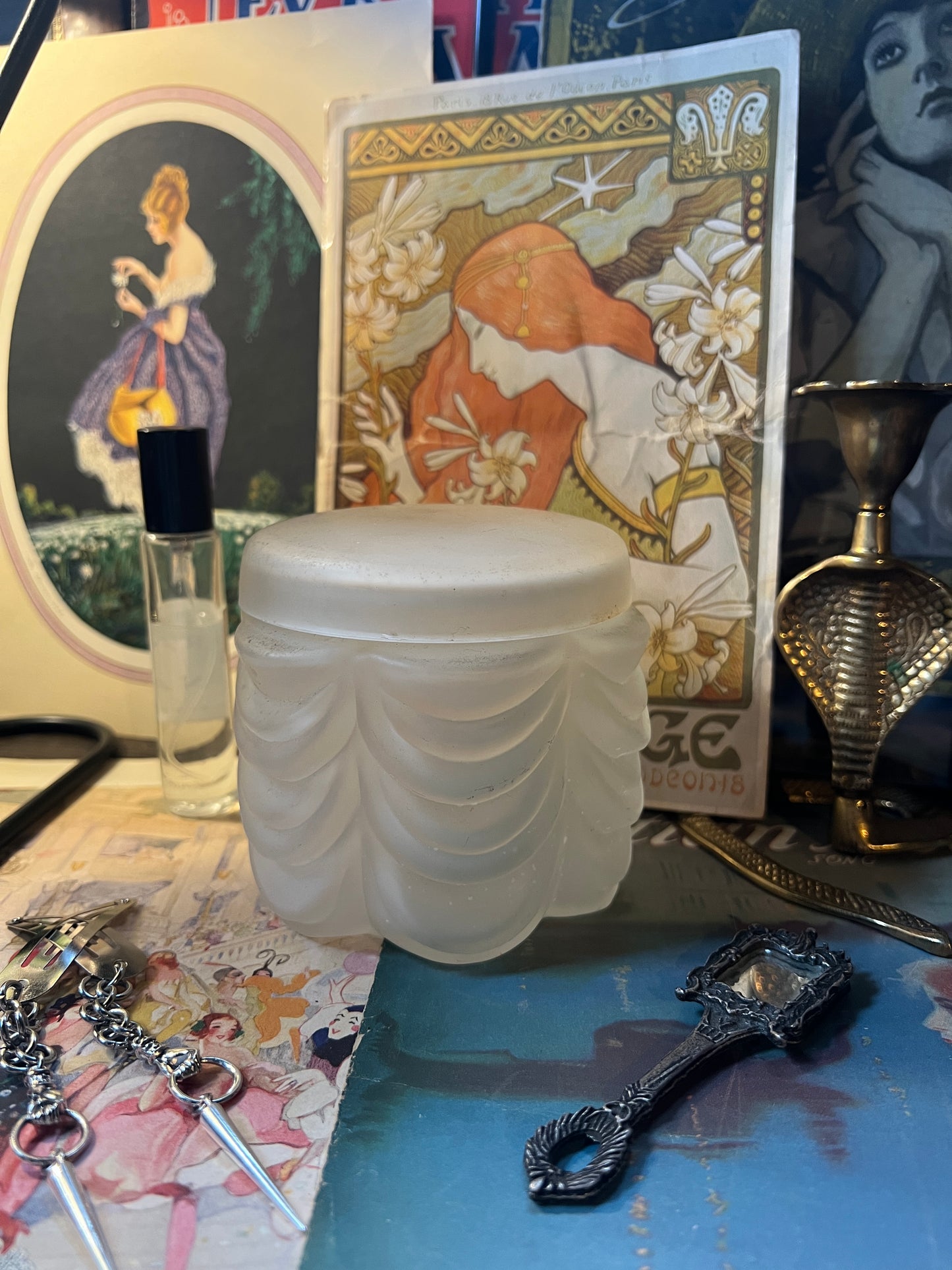 Art Deco Frosted Satin Drape Vanity Jar