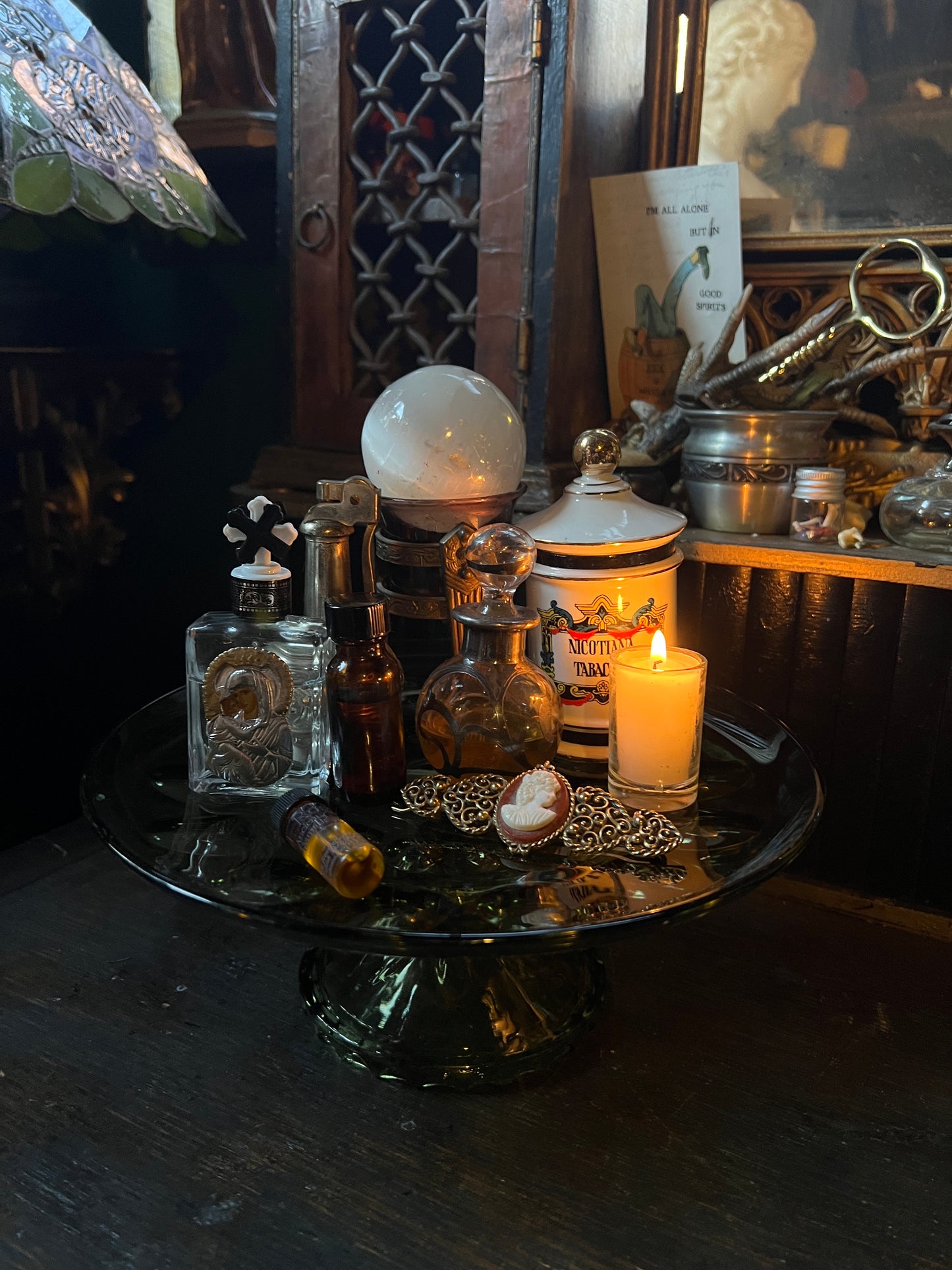 Thumbprint Green Glass Pedestal Dish