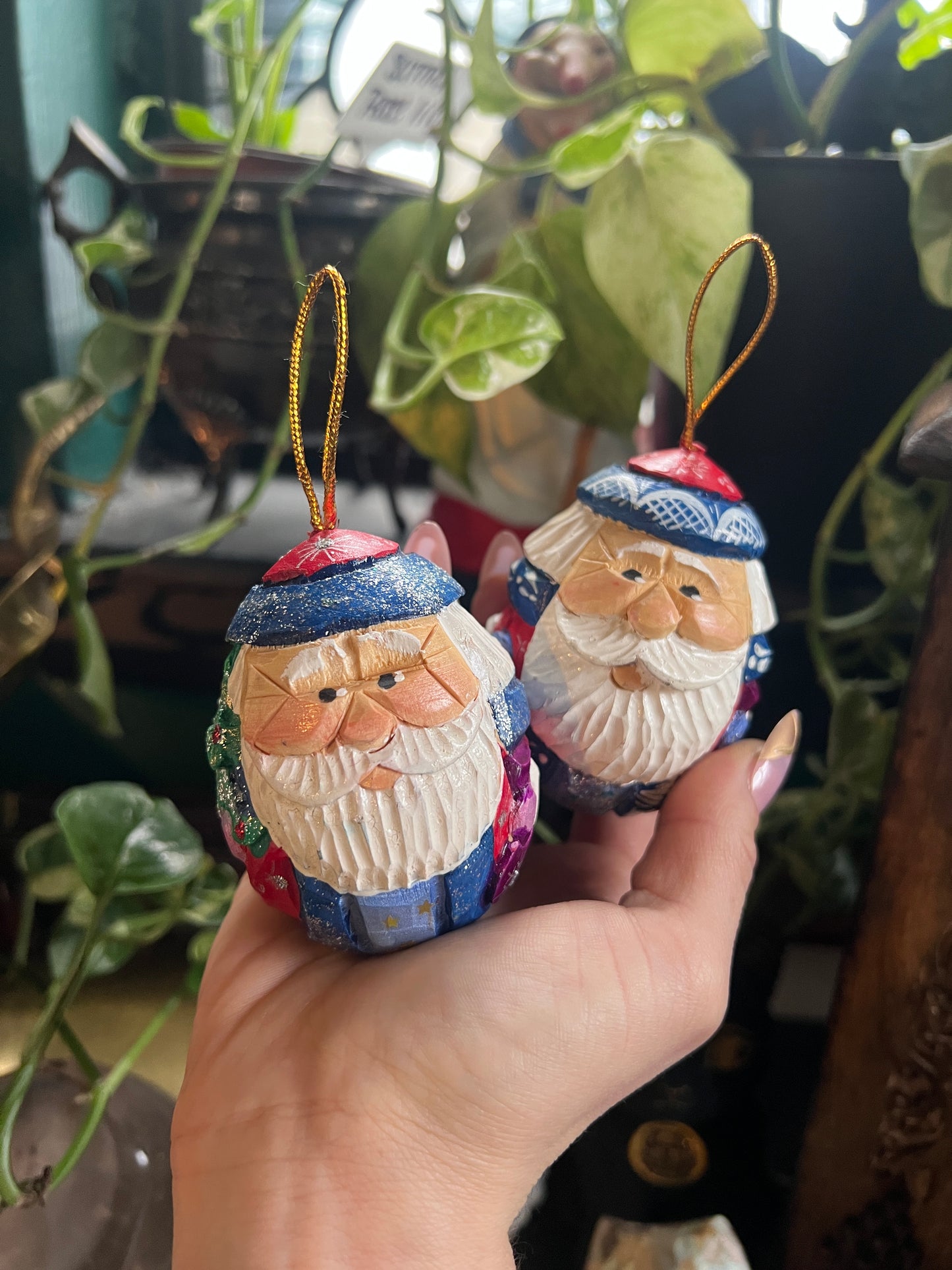 Wooden Carved & Hand Painted Santa Ornaments