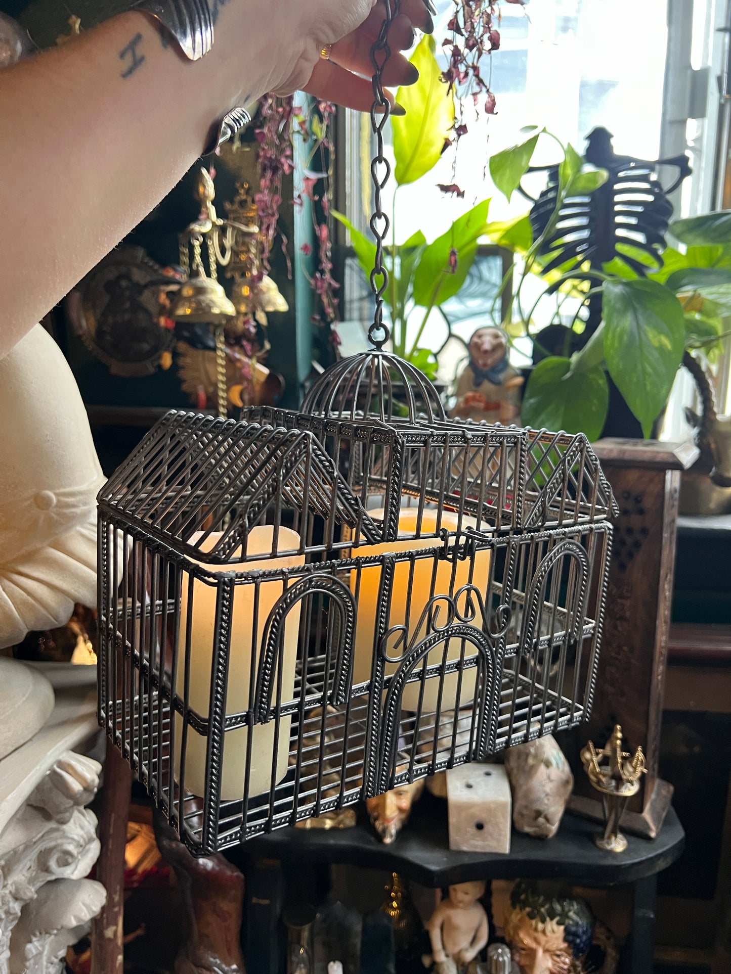 Metal Hanging Wire Bird Cage House Decor w Hinged Top Plants Ornate Rustic