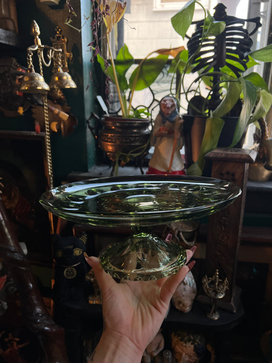 Thumbprint Green Glass Pedestal Dish
