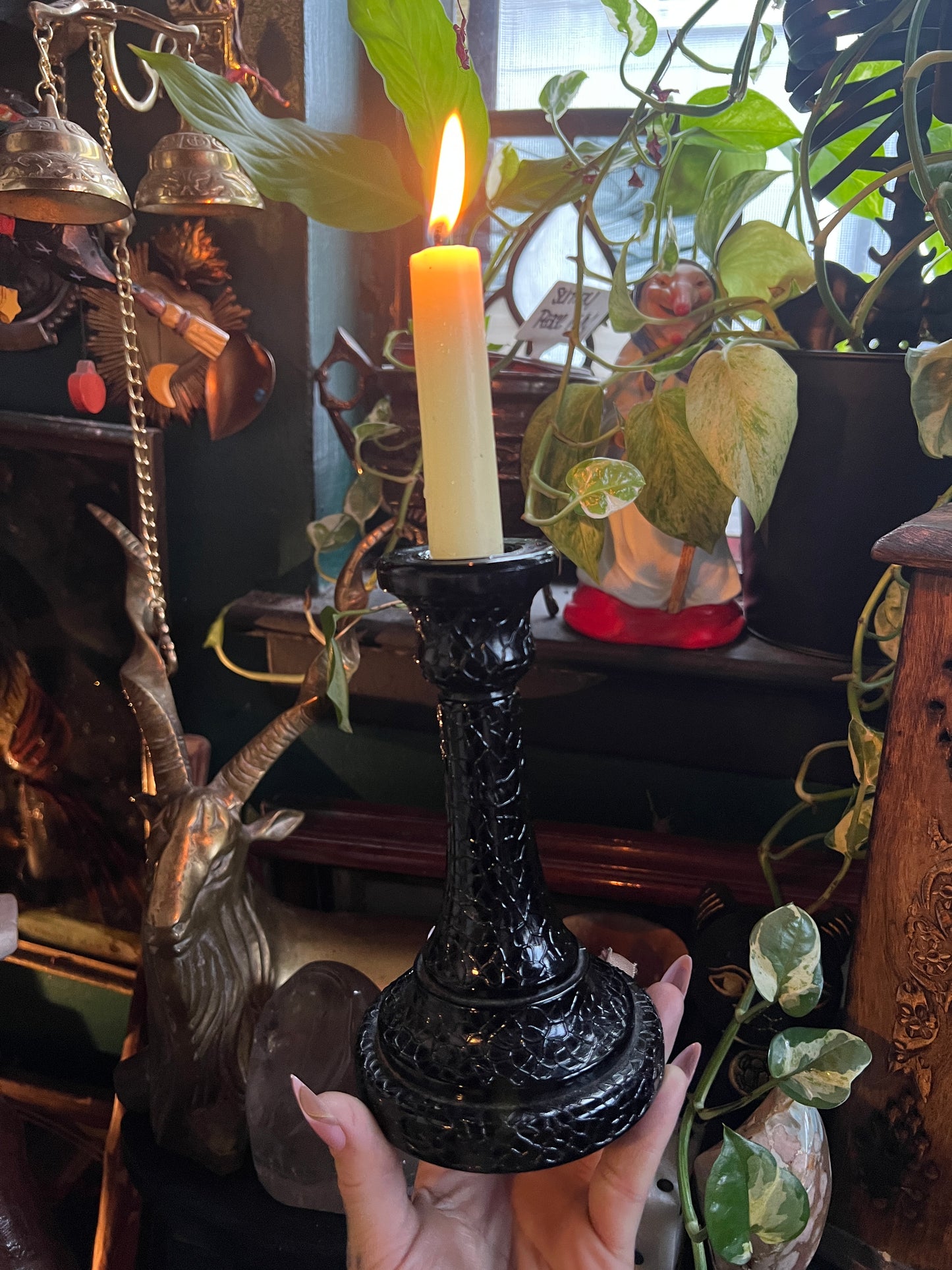 Black Crackle Glass Candlestick Holder