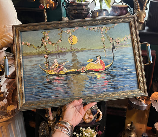 Antique Vanity Tray Lovers Serenade Full Moon Print Glass Wood Frame & Handles