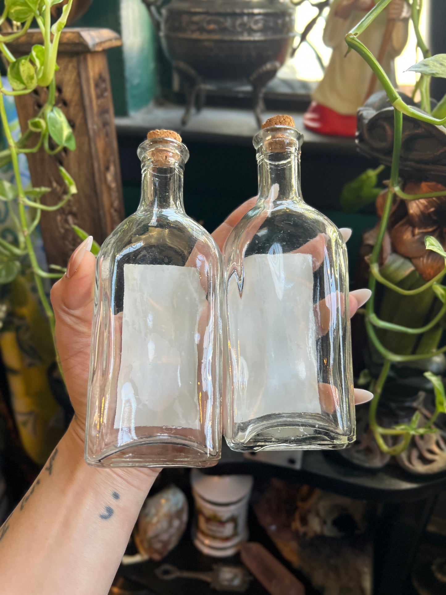 Vintage-Style Apothecary Bottles with Ornate Illustration Labels – Set of 2