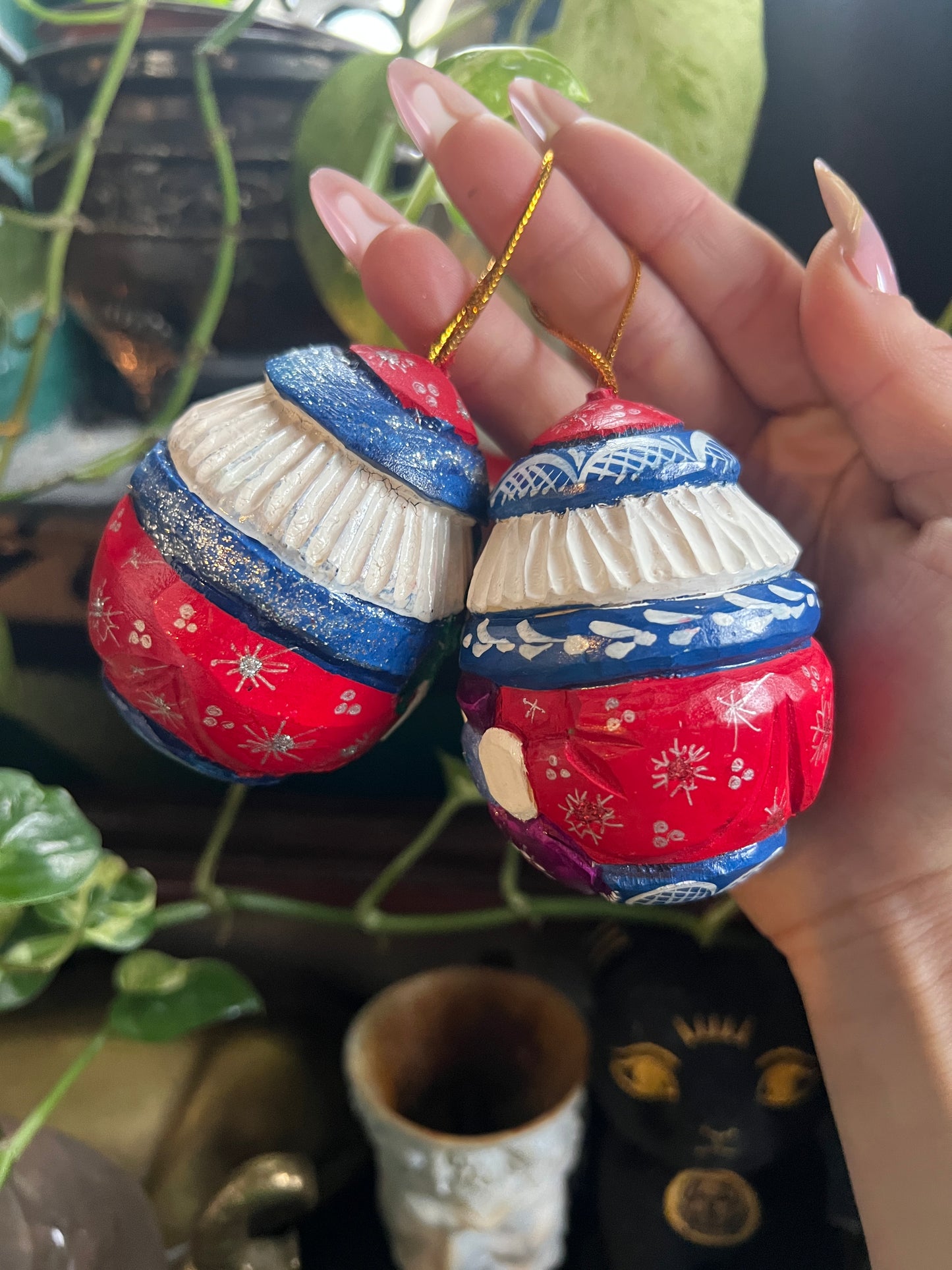 Wooden Carved & Hand Painted Santa Ornaments