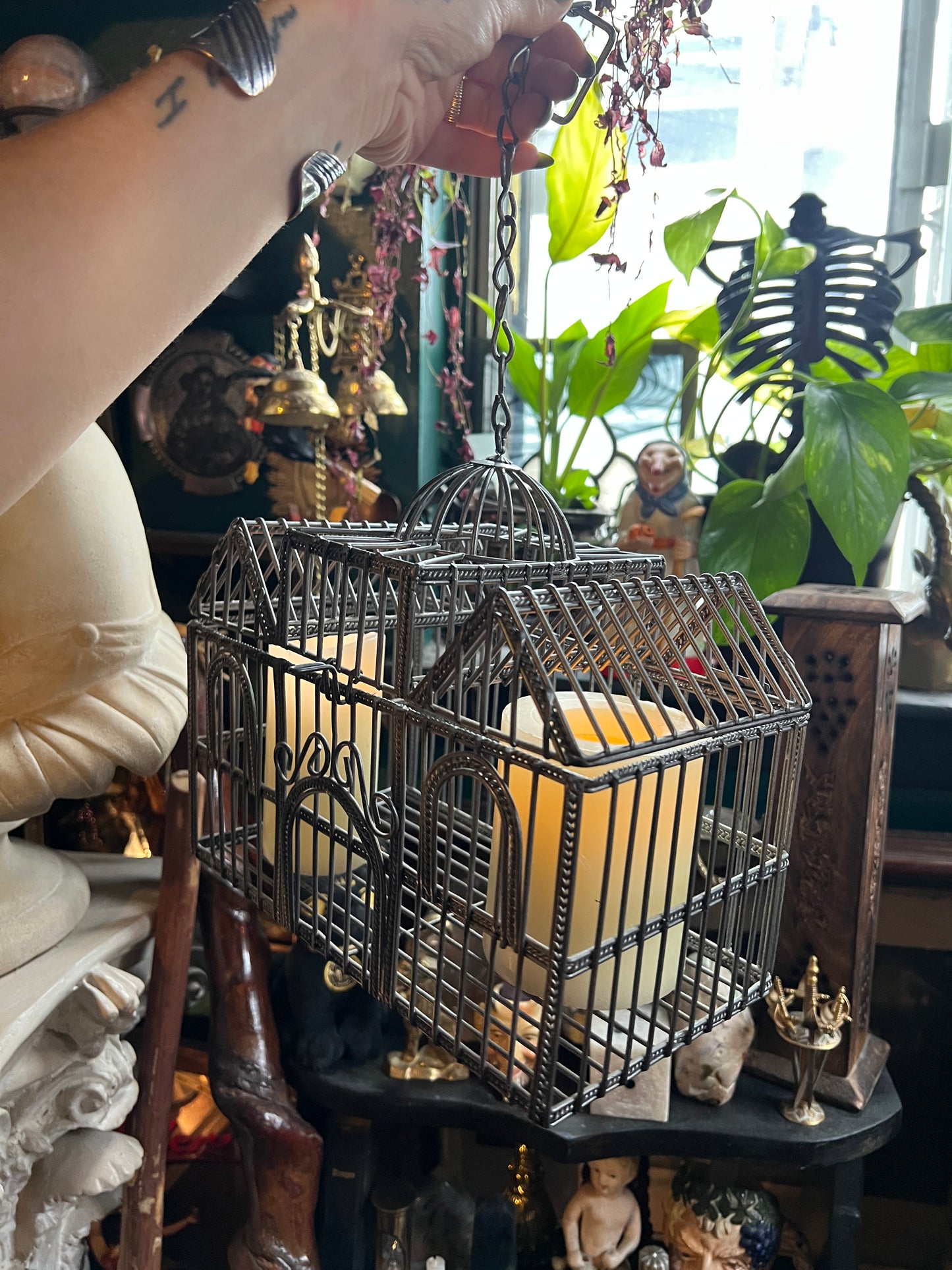 Metal Hanging Wire Bird Cage House Decor w Hinged Top Plants Ornate Rustic