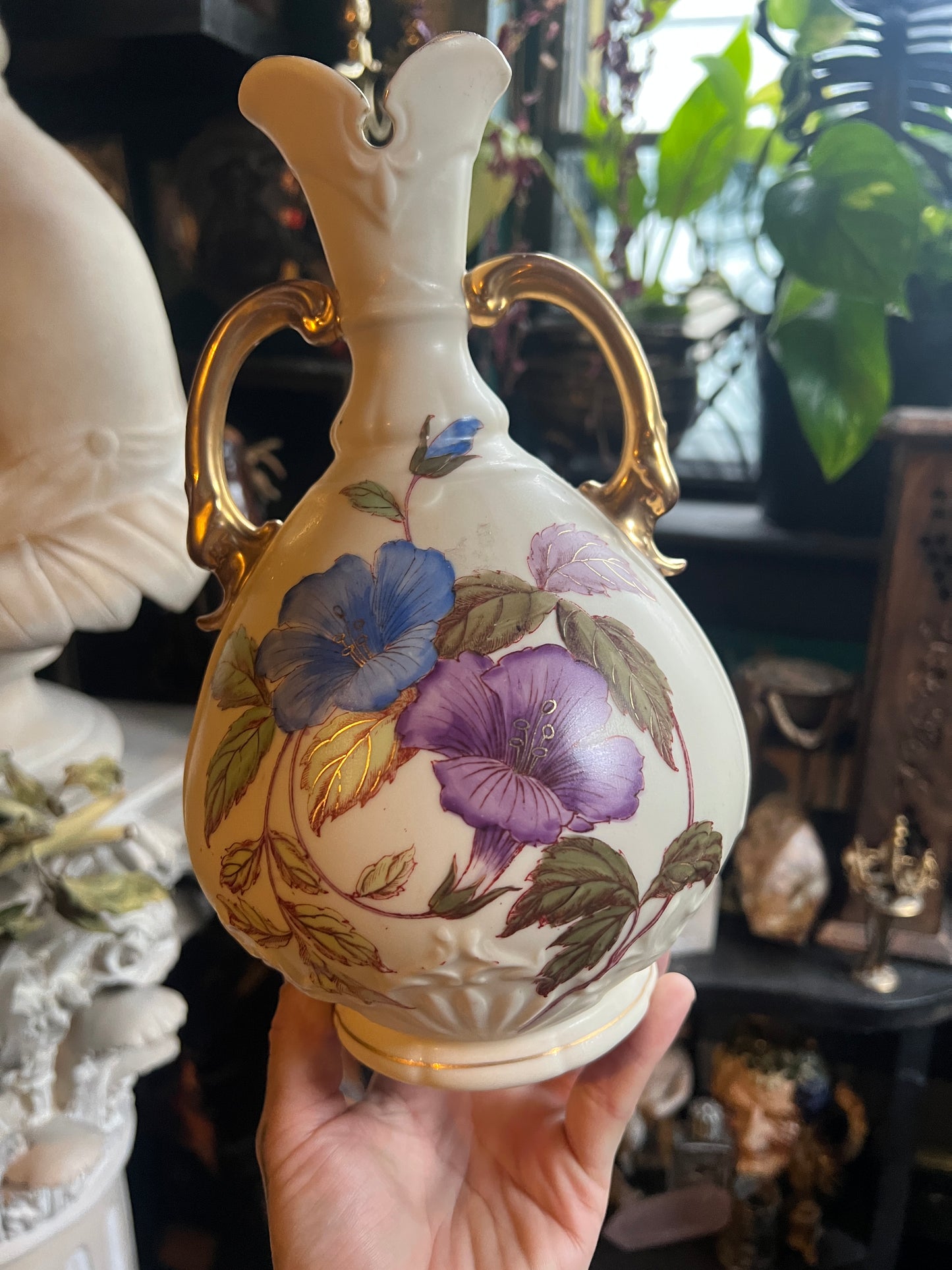 Antique Ivory Floral Hand Painted Double Handle Vase