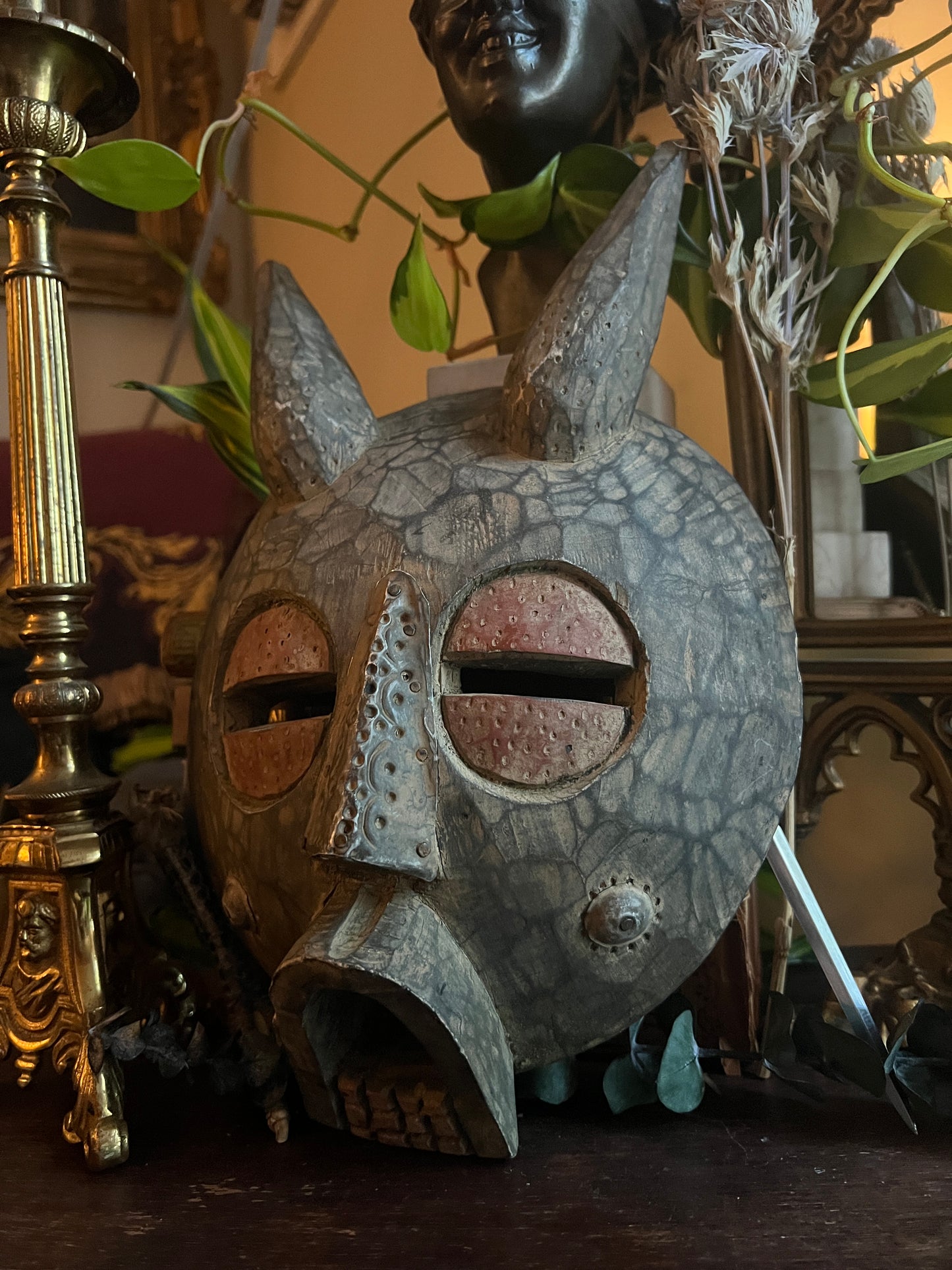 Carved Wooden African Tribal Horned Mask Made In Ghana