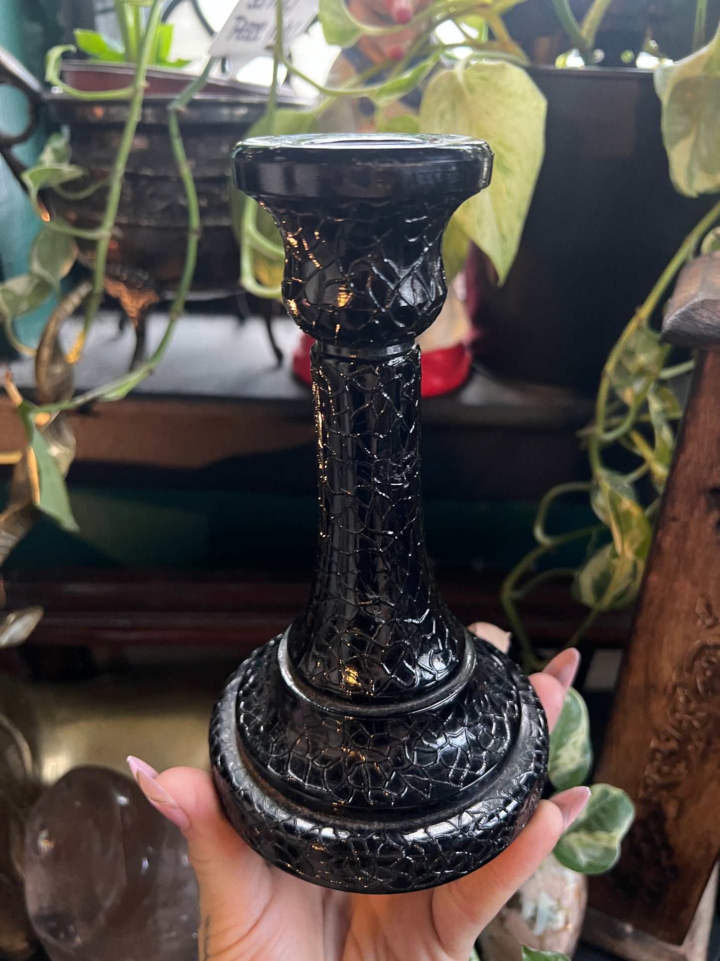 Black Crackle Glass Candlestick Holder