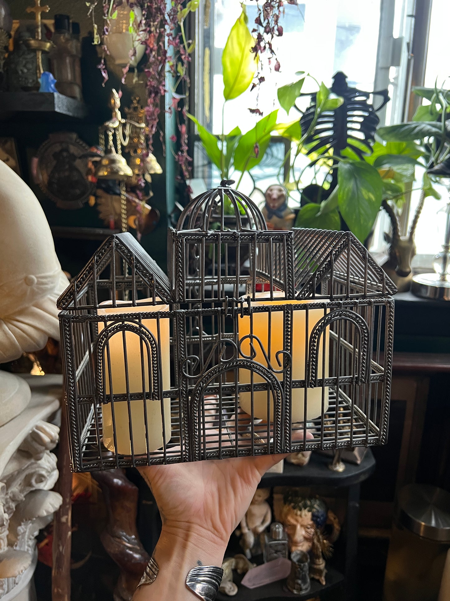 Metal Hanging Wire Bird Cage House Decor w Hinged Top Plants Ornate Rustic