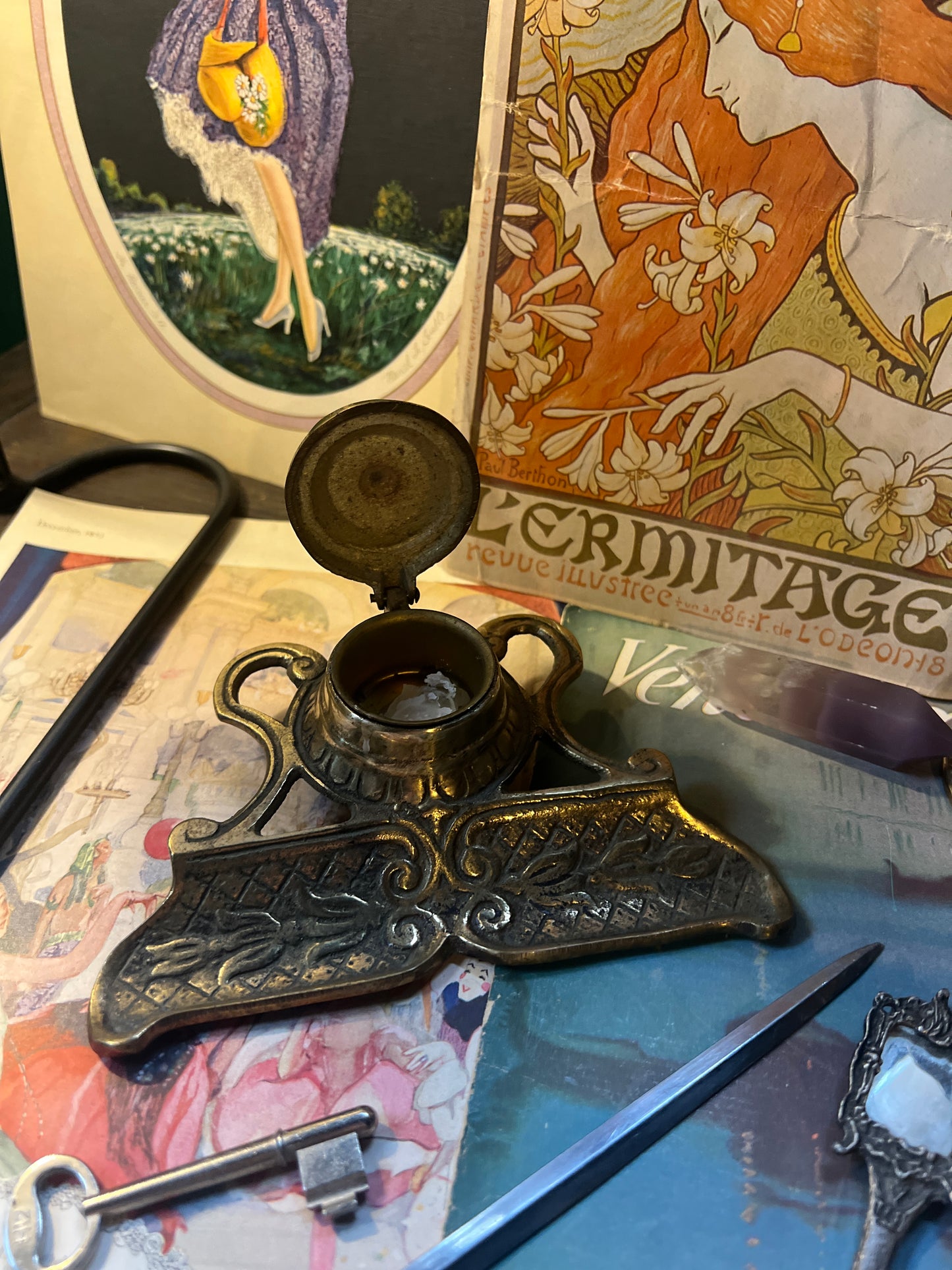 Brass Art Nouveau Style Inkwell