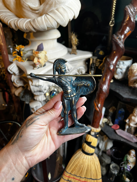 Vintage Verdigris Brass Greek Warrior Figurine with Spear & Shield
