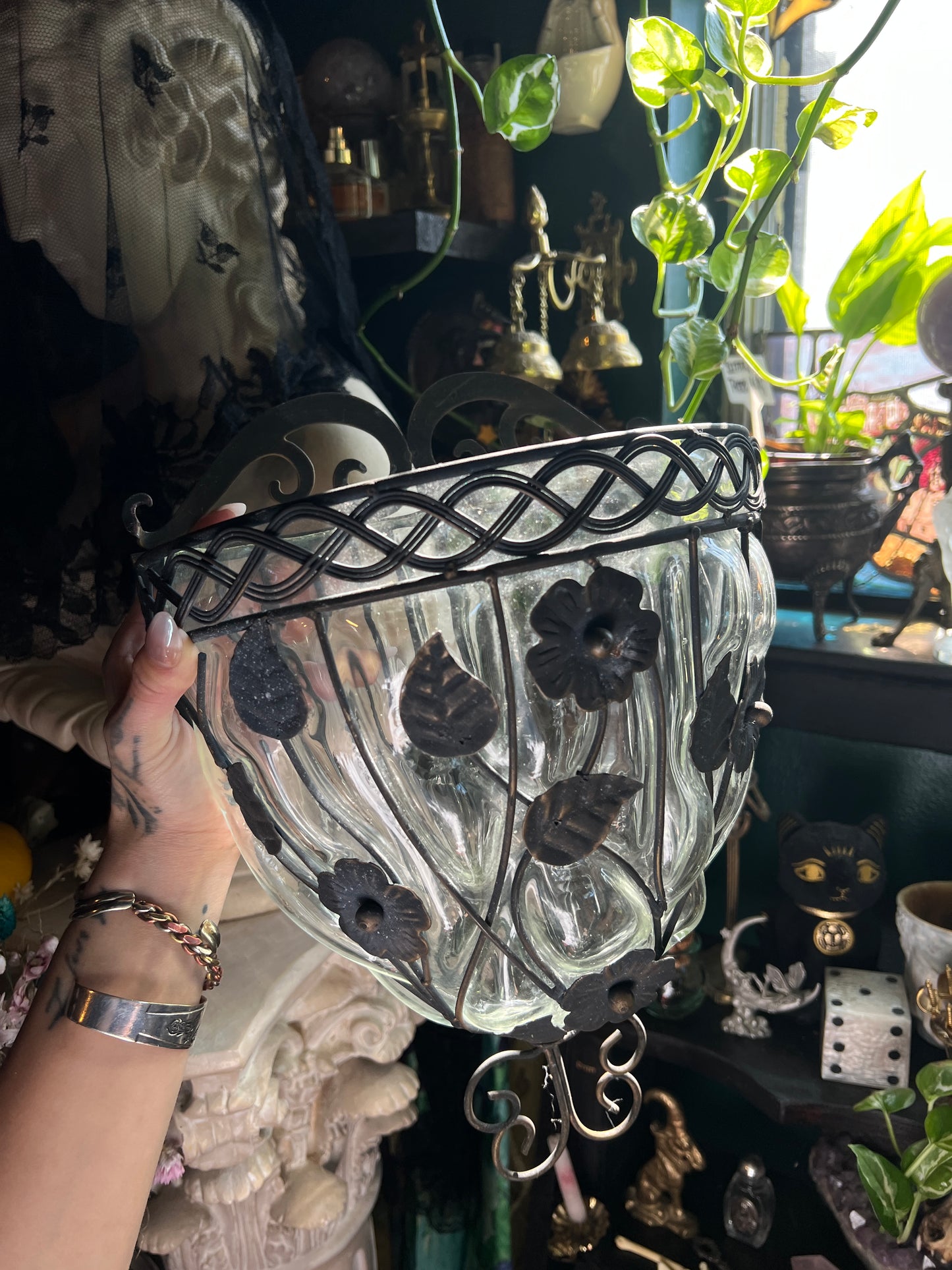 Wrought Iron and Cagwd Glass Wall Pocket Planter