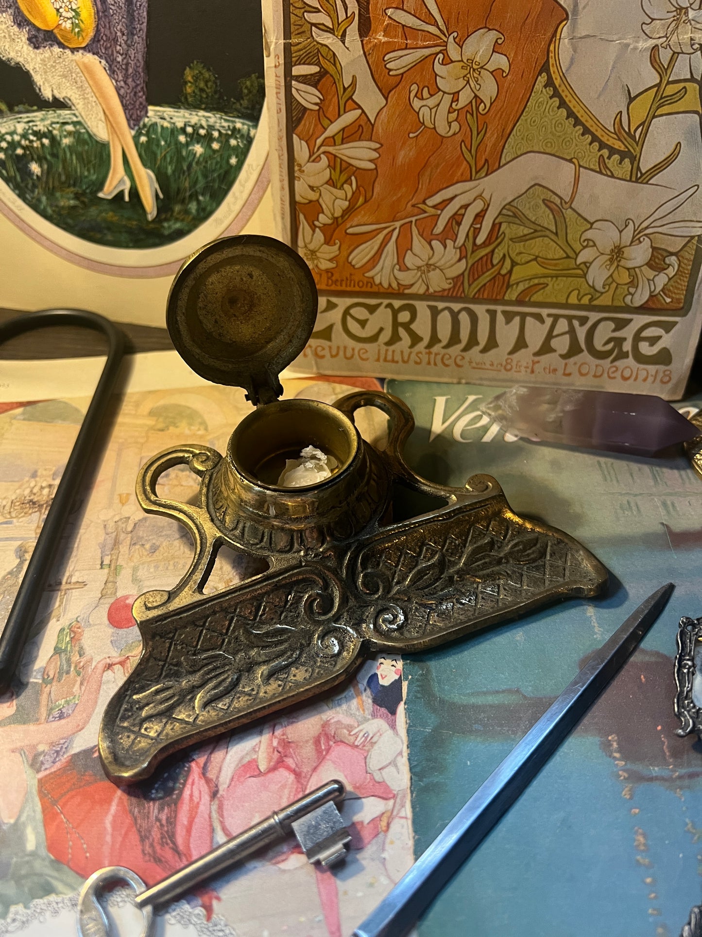 Brass Art Nouveau Style Inkwell