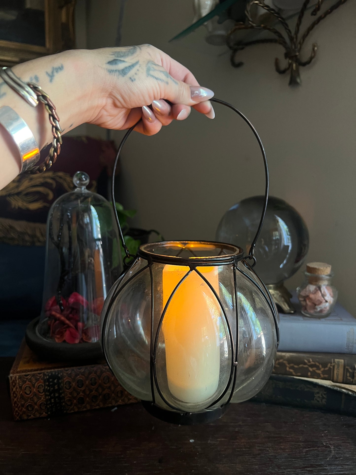 Ribbed Glass and Wire Cage Candle Holder / Lantern with Handle