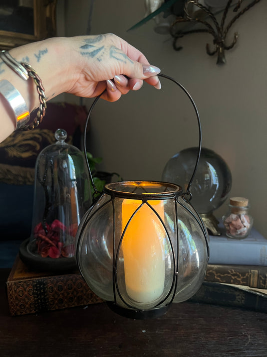 Ribbed Glass and Wire Cage Candle Holder / Lantern with Handle