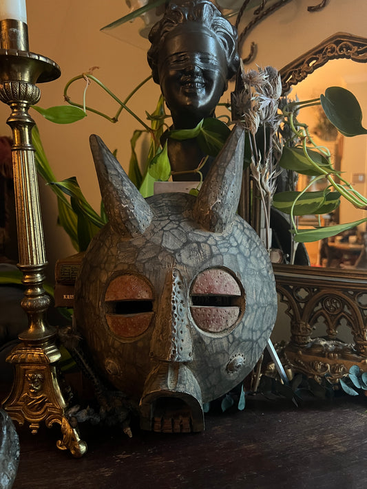Carved Wooden African Tribal Horned Mask Made In Ghana