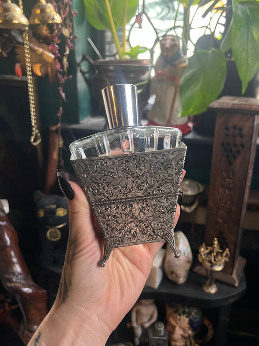 Ornate Silver-Plated & Glass Perfume Bottle