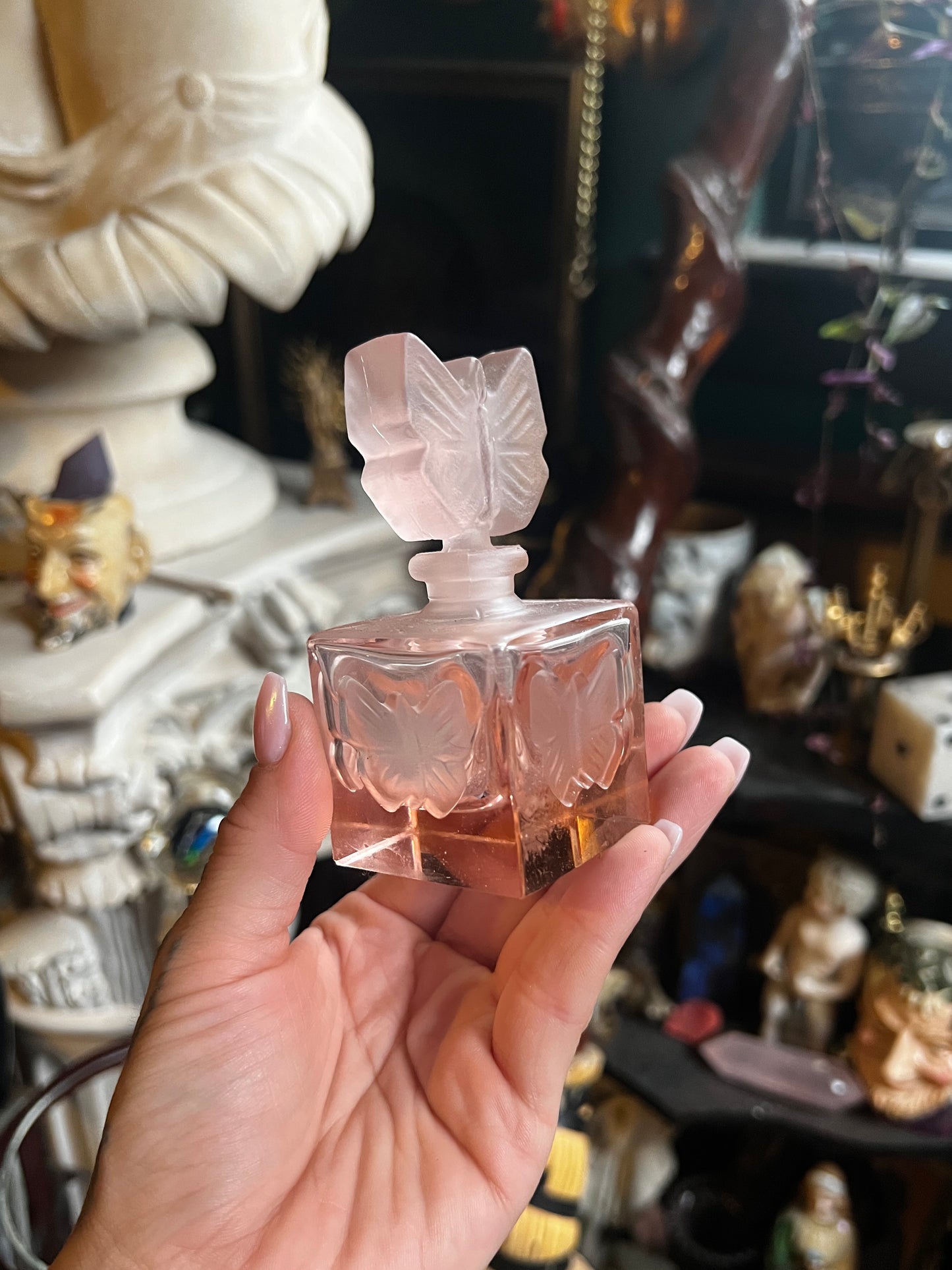 Vintage Frosted Pink Glass Butterfly Perfume Bottle